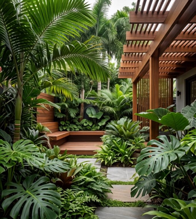 Tropical garden with timber pergola, bench seating and dense layered planting